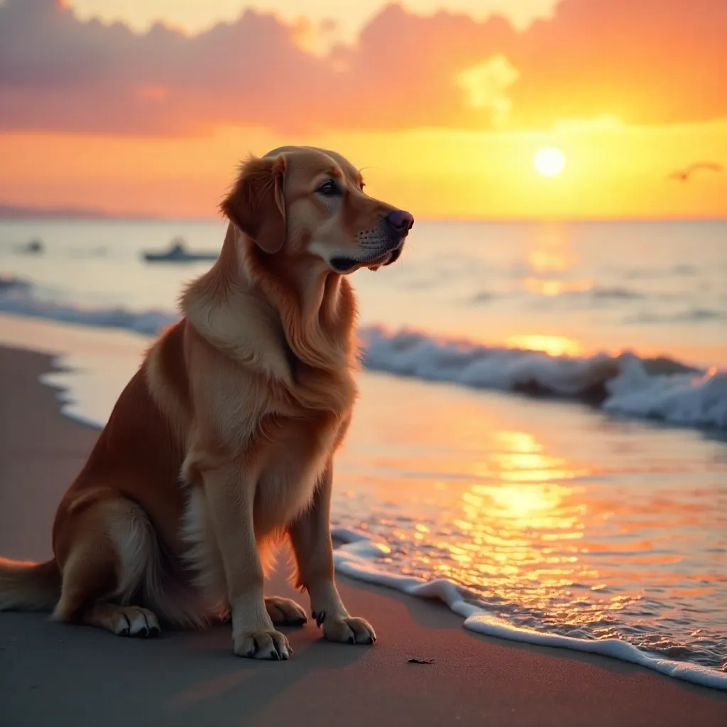 Golden Retriever at Sunset: Calm Sea Serenade