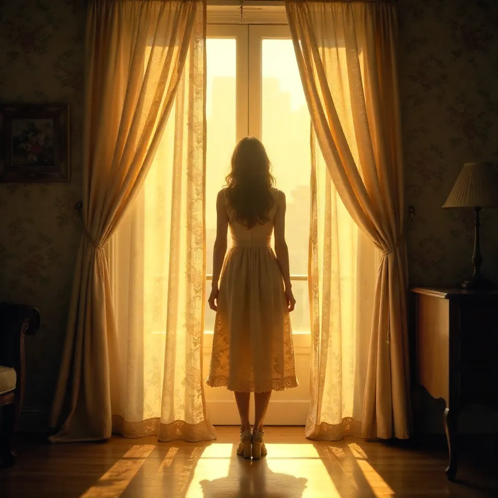 Mysterious silhouette behind sunlit sheer curtains
