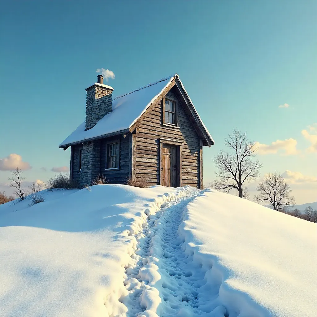 Lonely Snowbound Hill House under a Clear Winter Sky