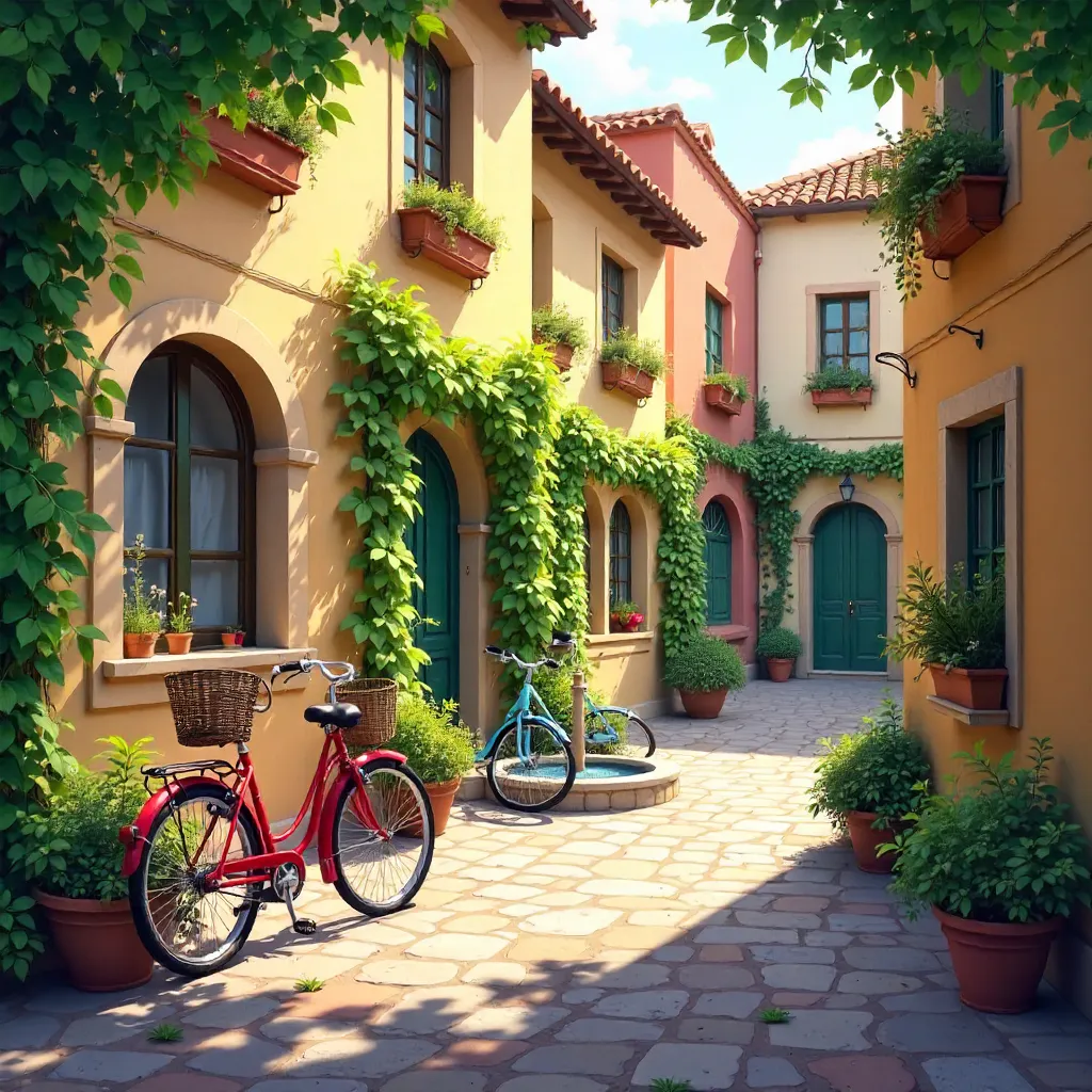 Peaceful Courtyard of Colorful Buildings and Bicycles