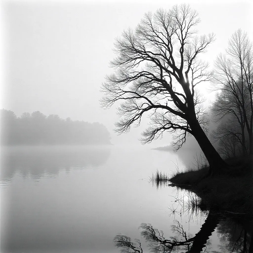 Mist Over the Lake with Bare Branches in Monochrome