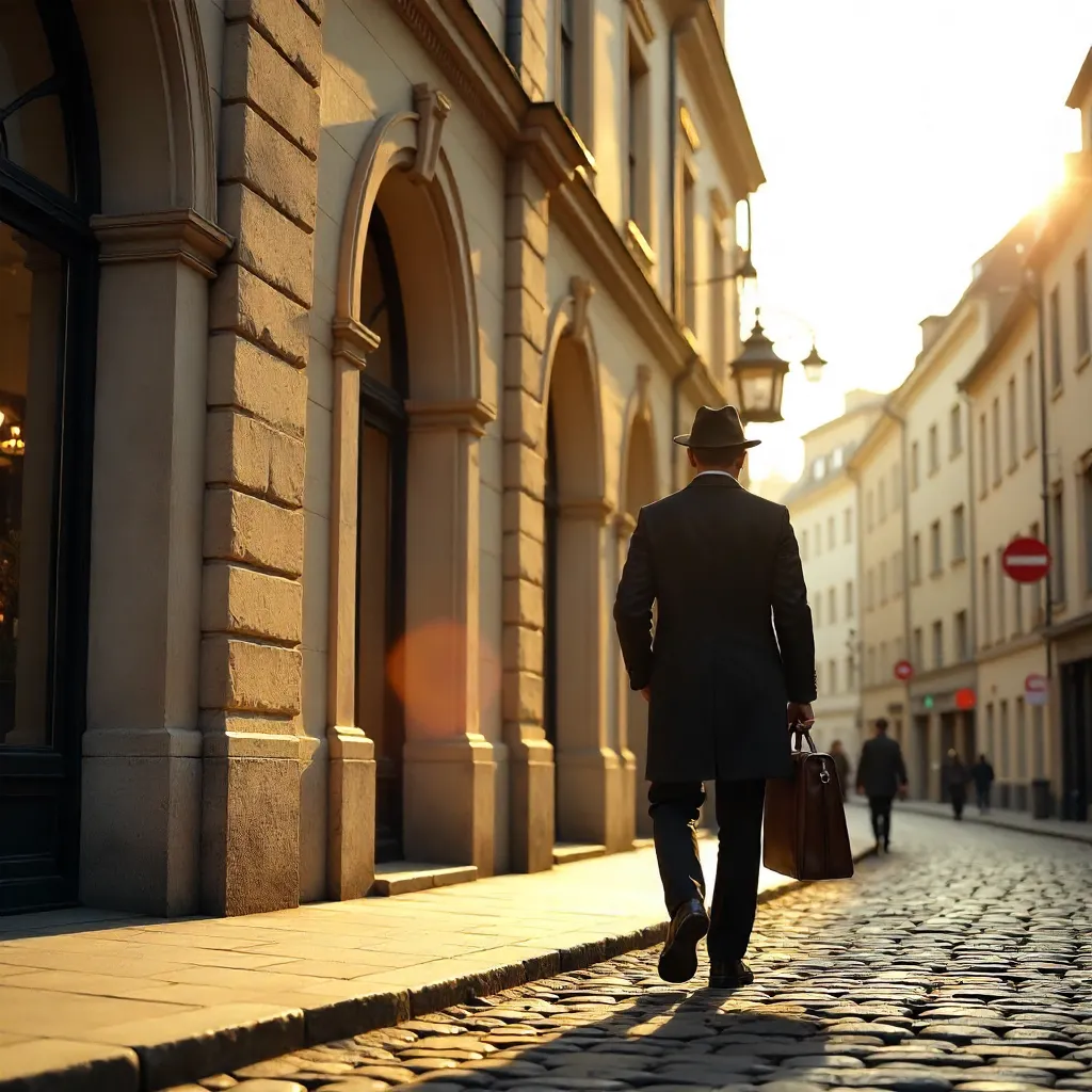Sunlit Düsseldorf Street: Man in a Hat