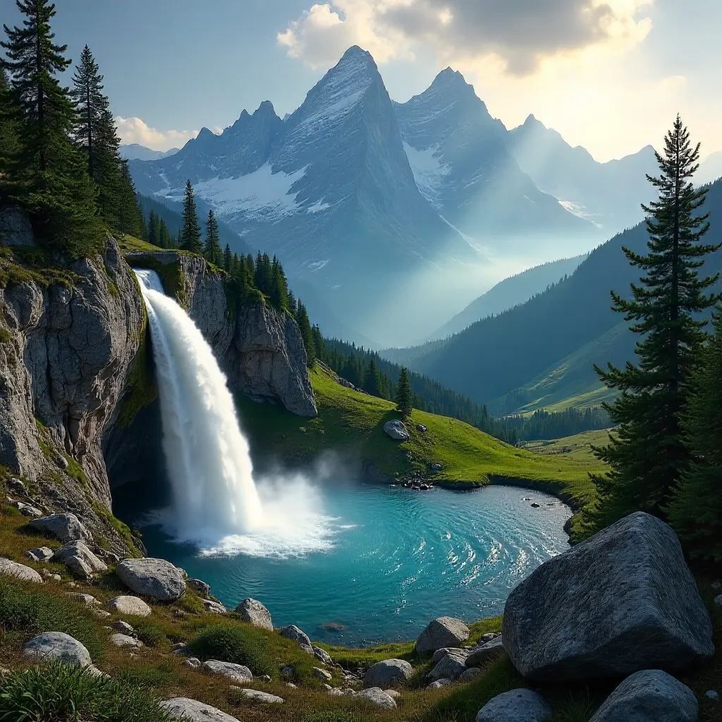 Mist and Waterfall Over High Tatras: Alpine Dawn