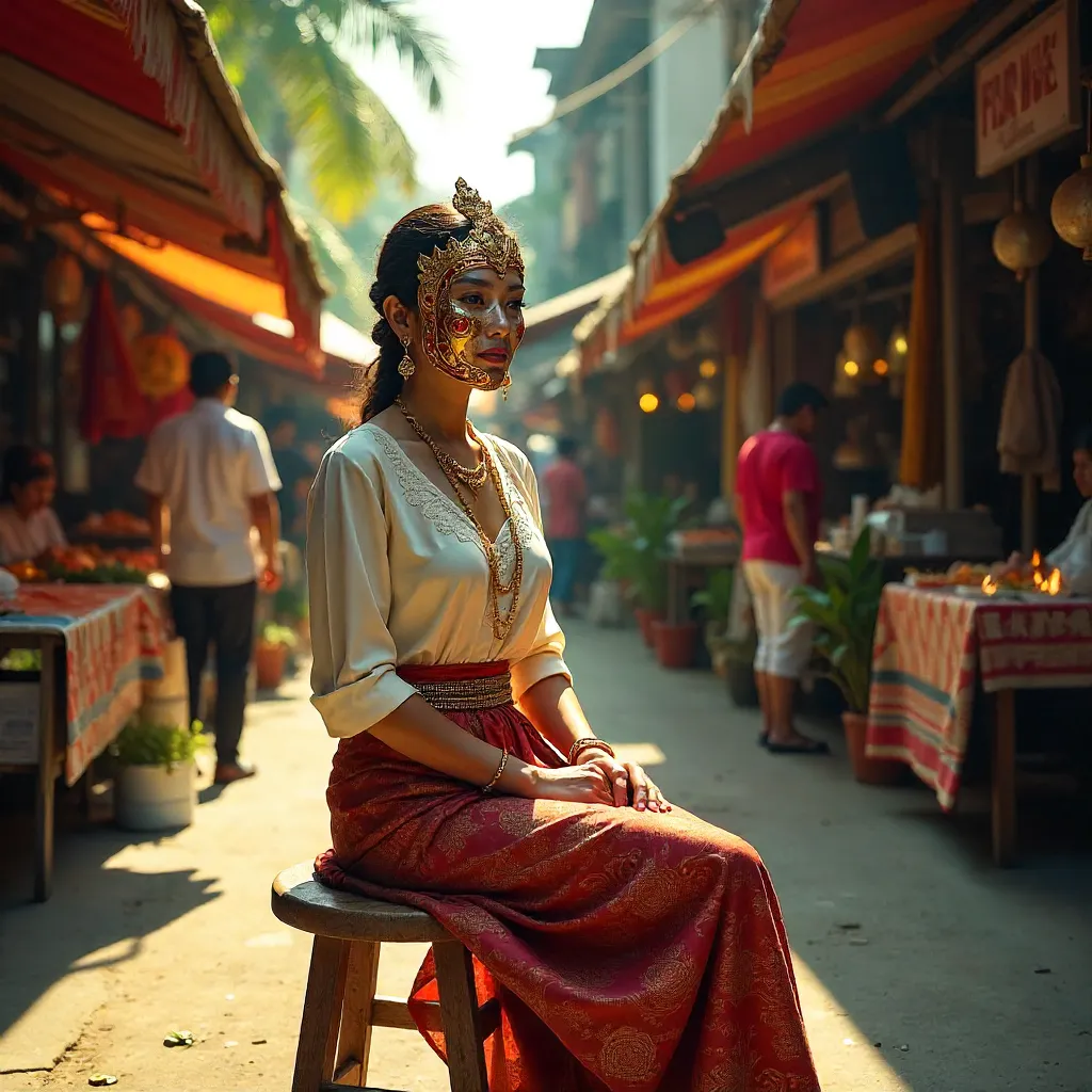 Masked Kebaya Beauty in a Lively Indonesian Street