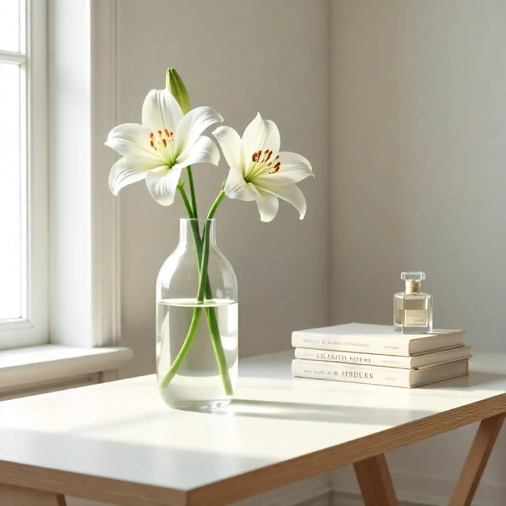 Minimalist Desk with White Lilies, Glass Vases and Perfume