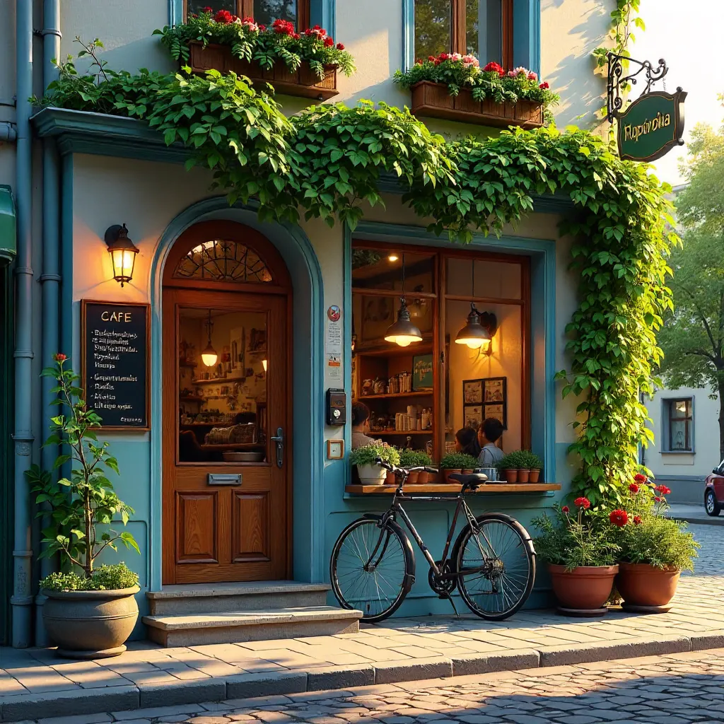 Cozy Ukrainian cafe entrance with flowers and greenery