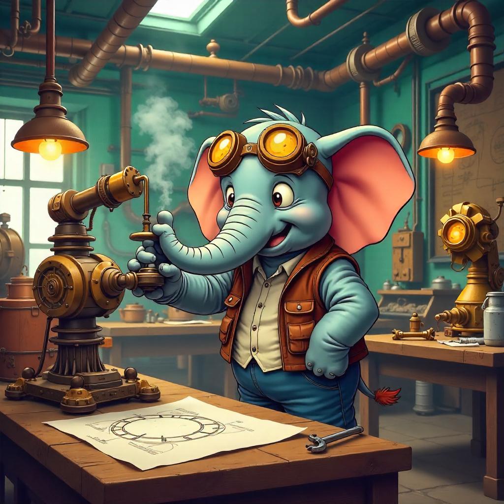 Steampunk Elephant in a Brass Workshop