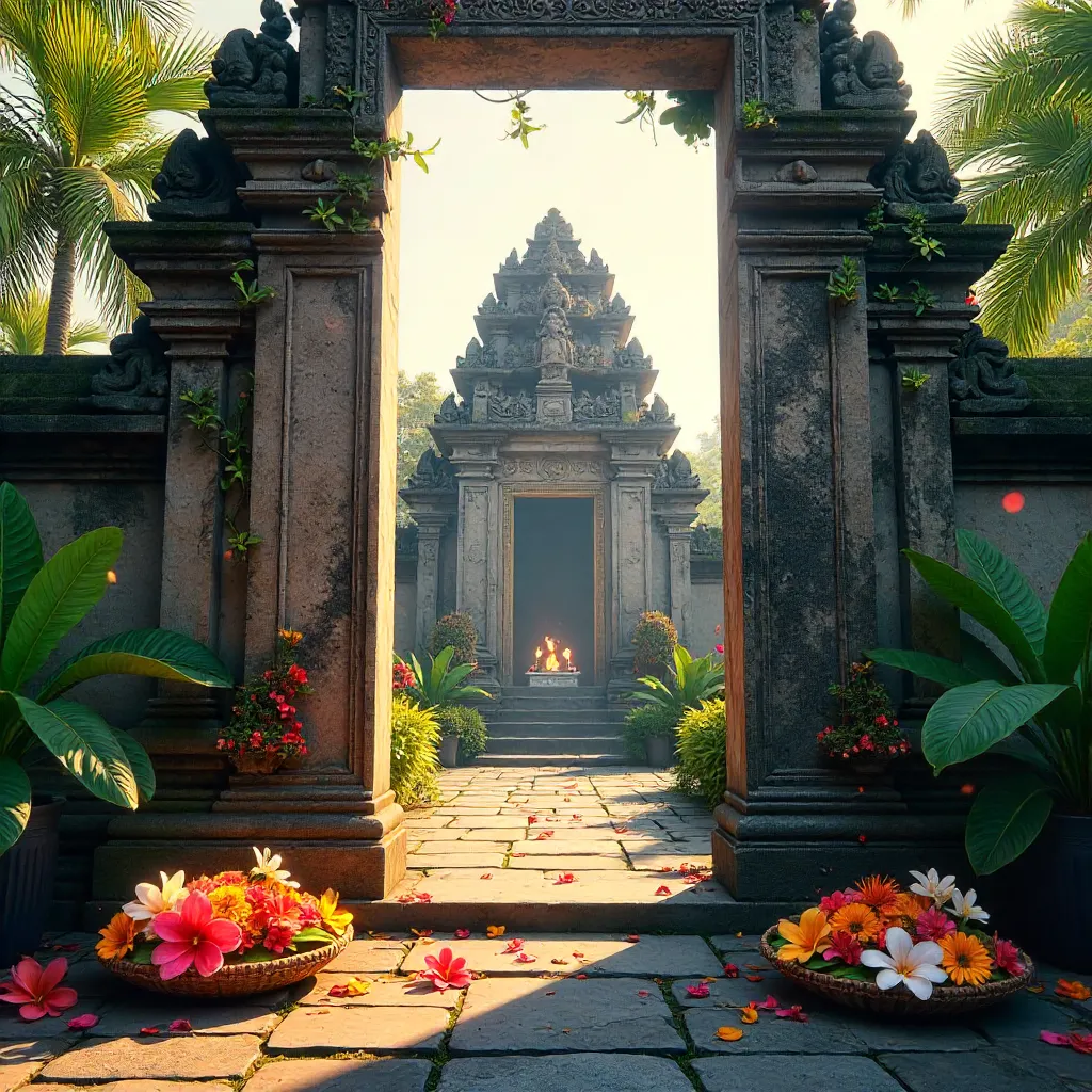 Intricate Balinese Temple Entrance with Floral Offerings