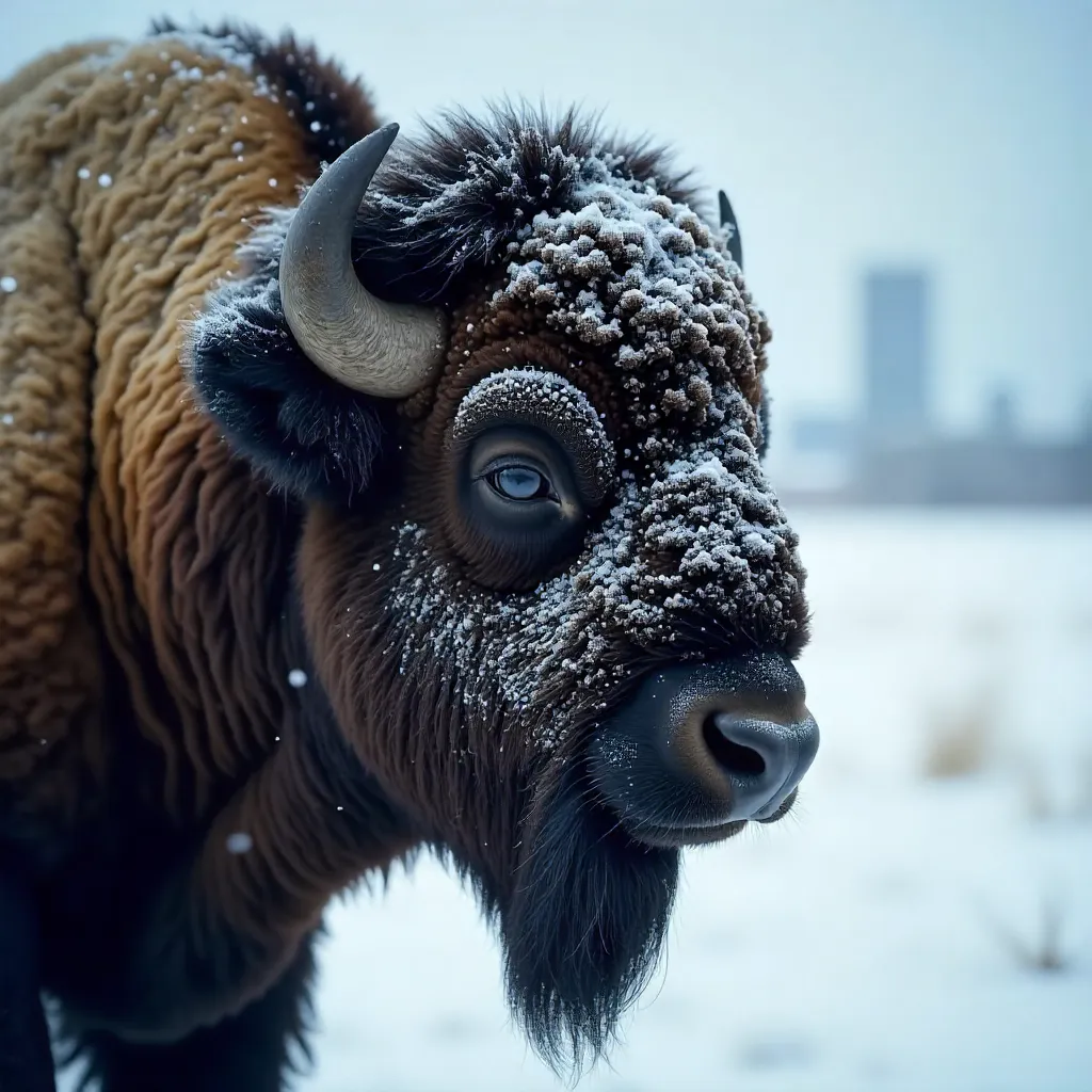 Snowy Bison Close-Up in Commerce City, CO