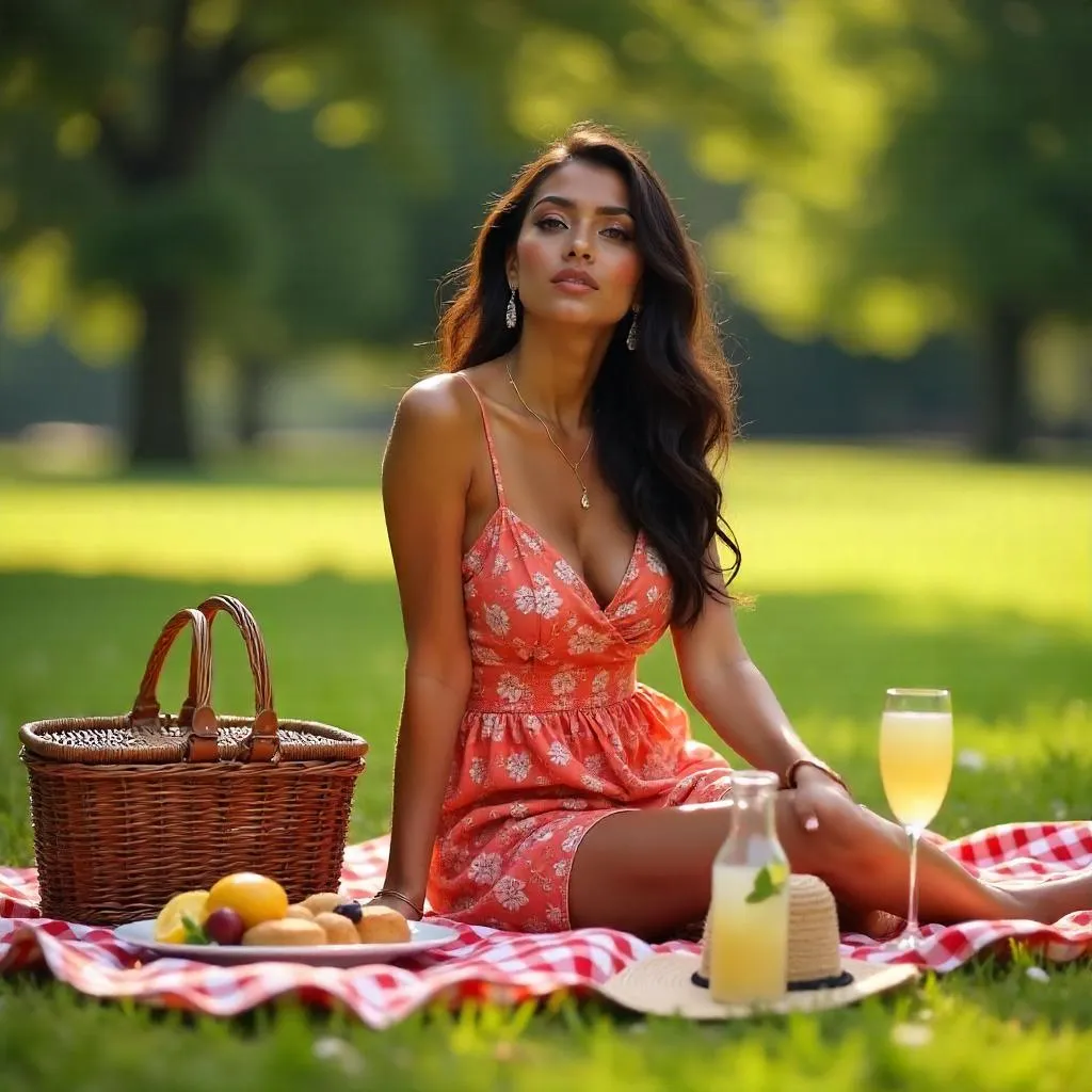 Elegant Latina Woman at a Sunny Park Picnic