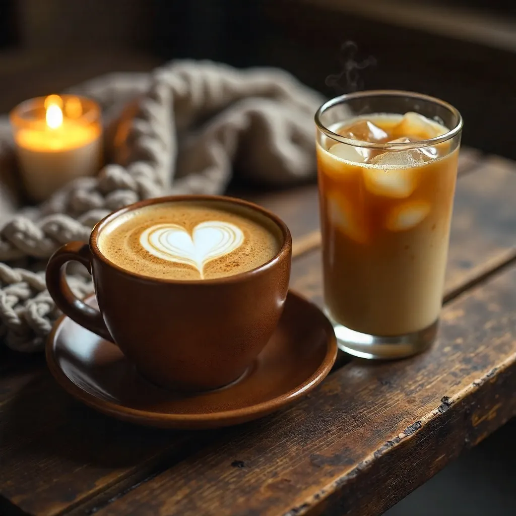 Cozy Rustic Table: Latte Art and Iced Coffee
