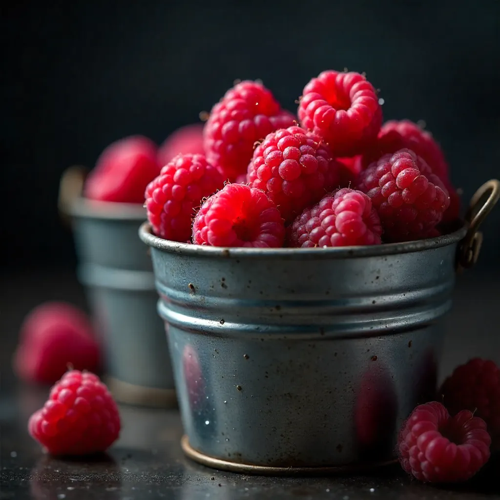 Raspberries in Dark Metal Buckets: Close-Up