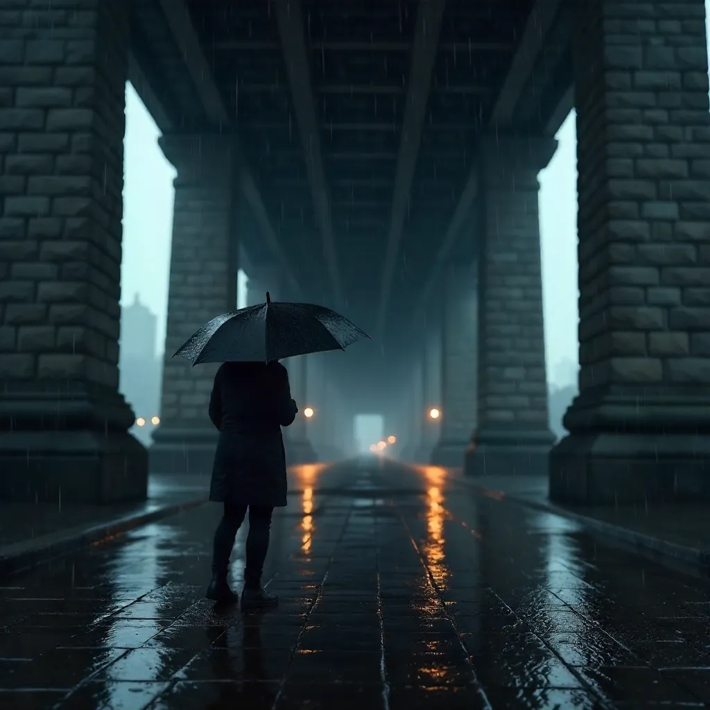 Silhouette with Umbrella Under Rainy Bridge