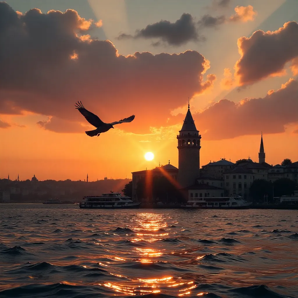 Bird Over Golden Horn: Galata Tower at Sunset