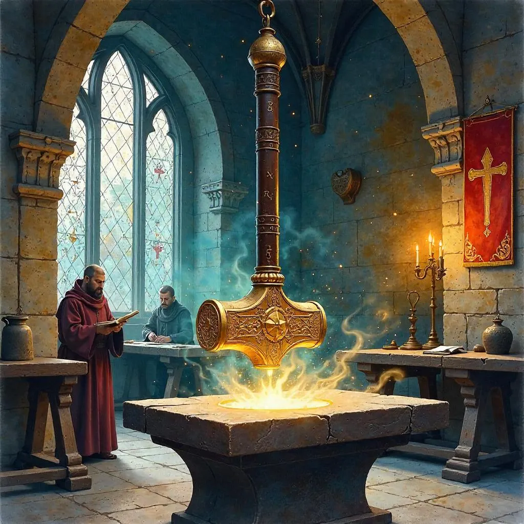 Divine Hammer in a Medieval Watercolor Forge