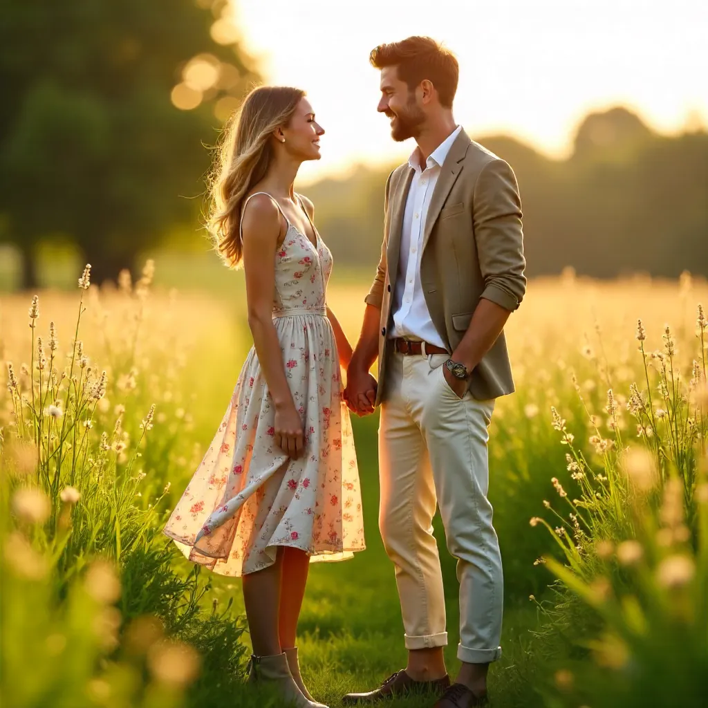 Golden Hour Fashionable Couple in a Sunlit Field