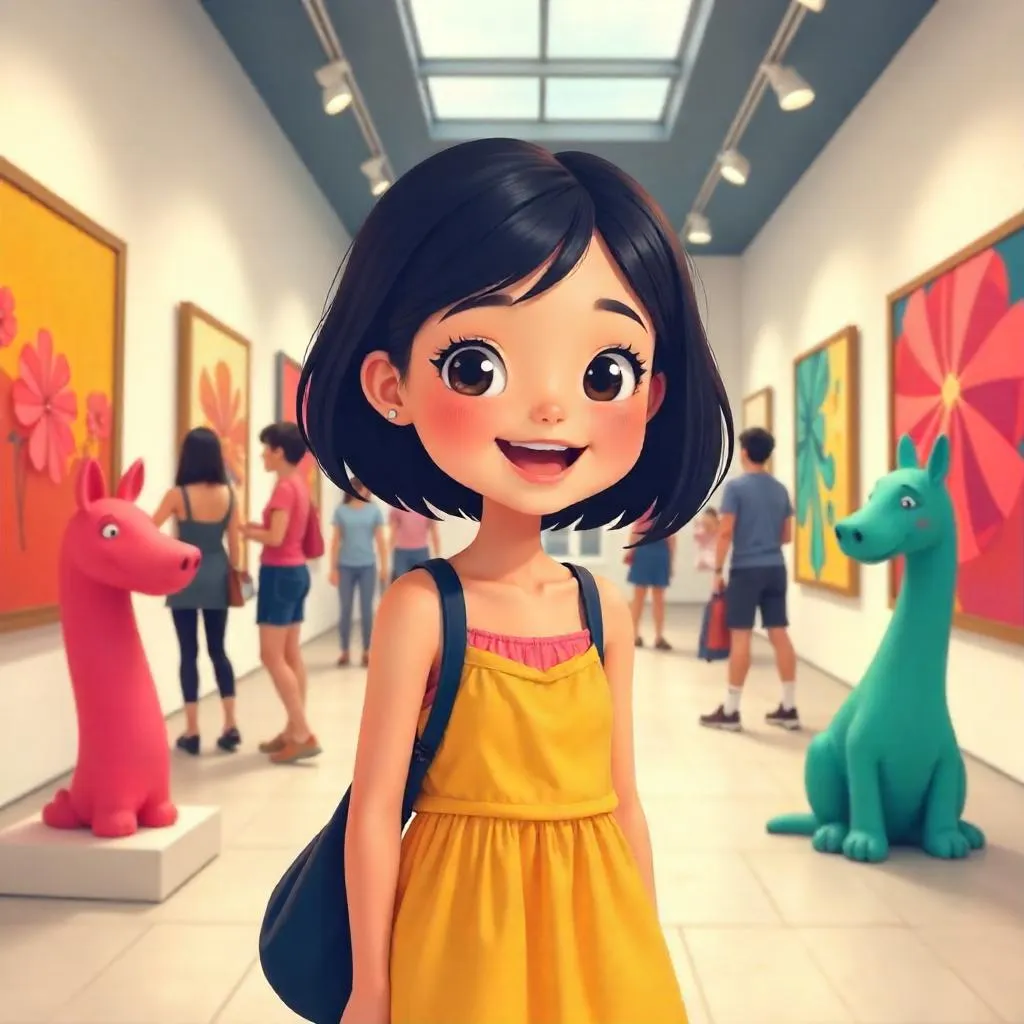 Cheerful Asian Girl in a Bright Art Gallery