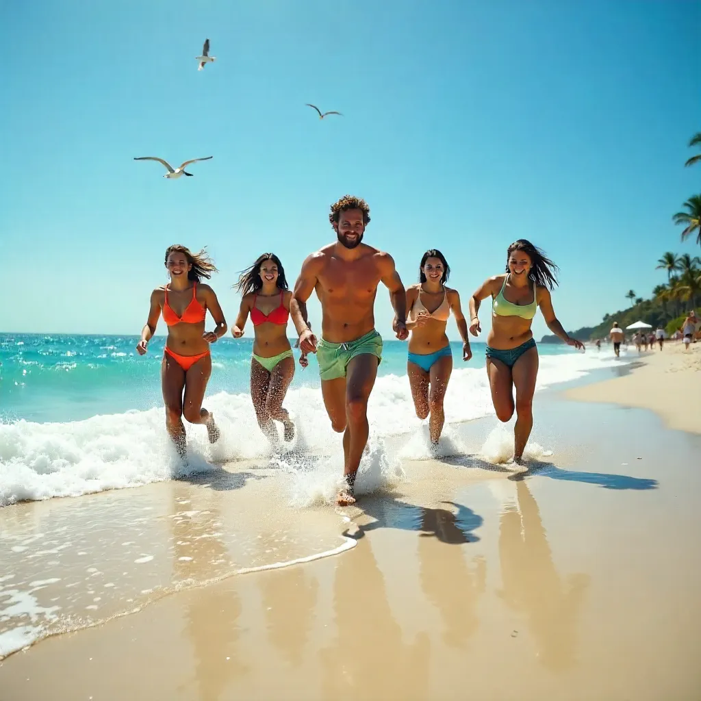 Joyful Group Run in Shallow Ocean Waters Under a Clear Sky