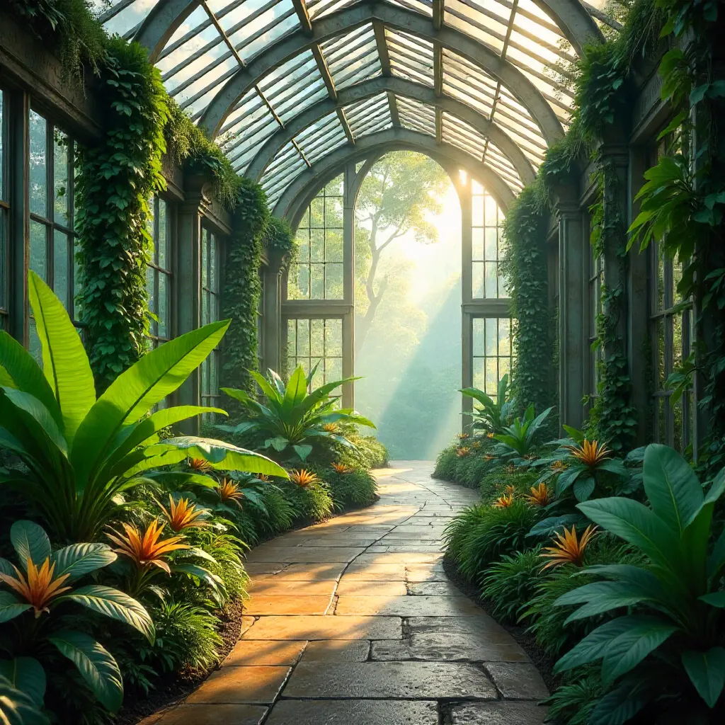 Mist-Kissed Greenhouse Path Through Lush Greenery