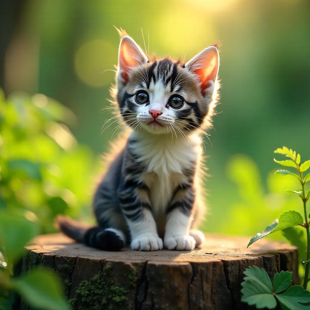 Cute Gray and White Kitten on a Mossy Wooden Stump