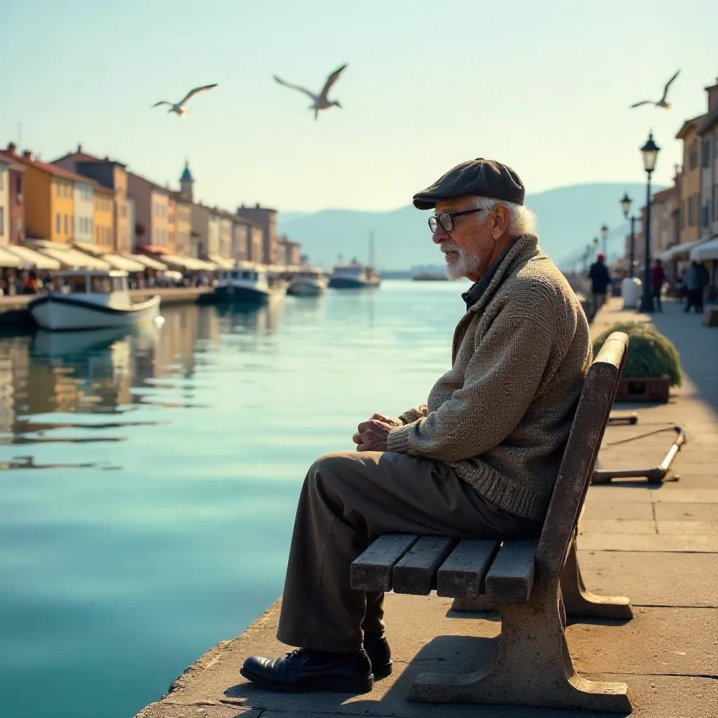 An Elderly Man Overlooking Nuova Aquitania Harbor