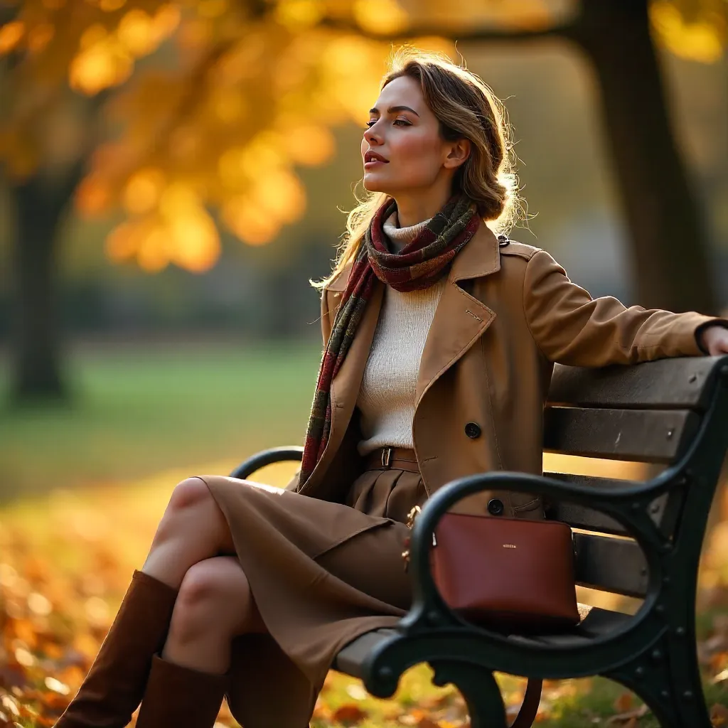 Serene Autumn Fashion on a Park Bench