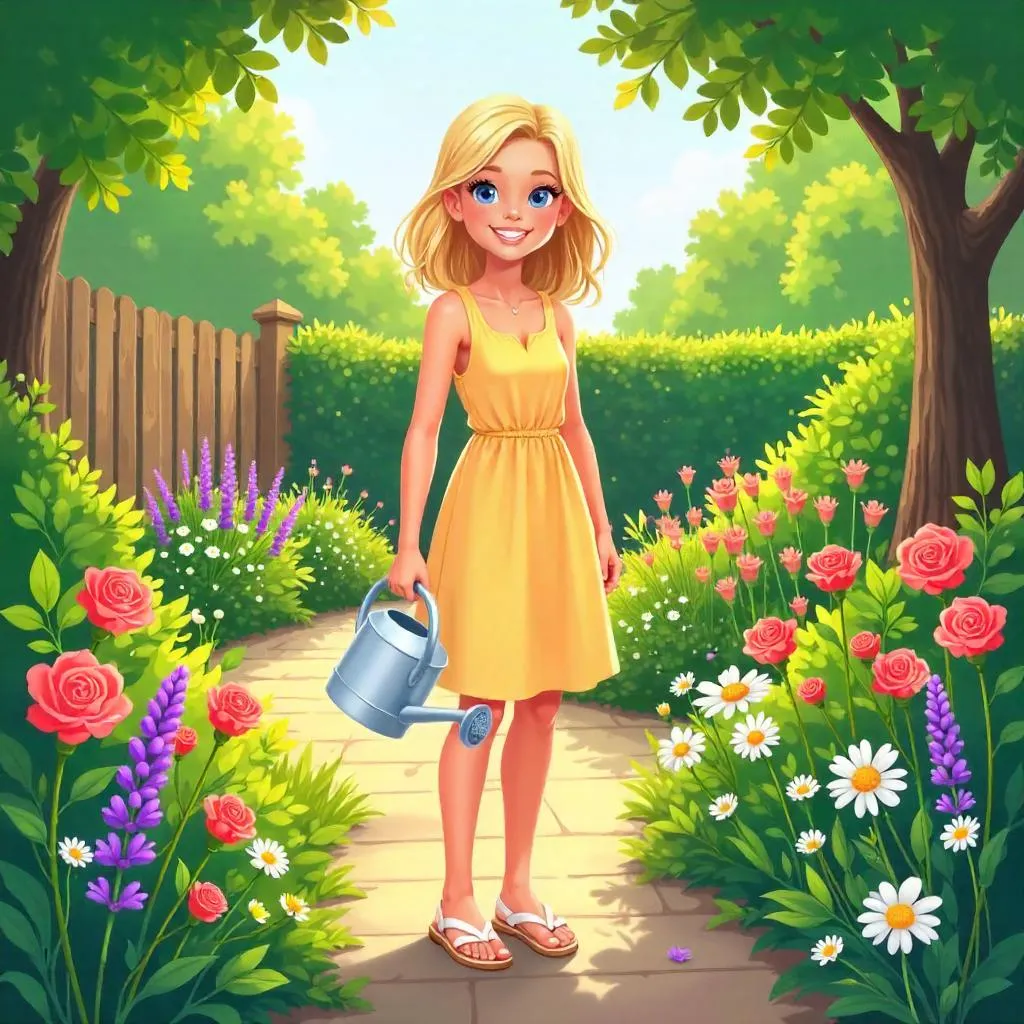Cartoon Garden: Young Woman in Bloom