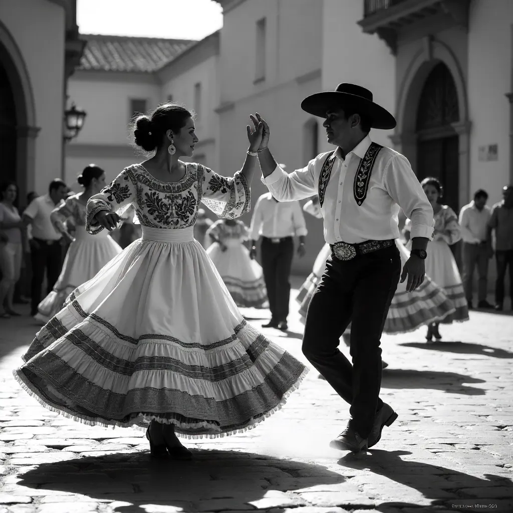 Monochrome Oaxaca Dance: Traditional Attire and Sombreros