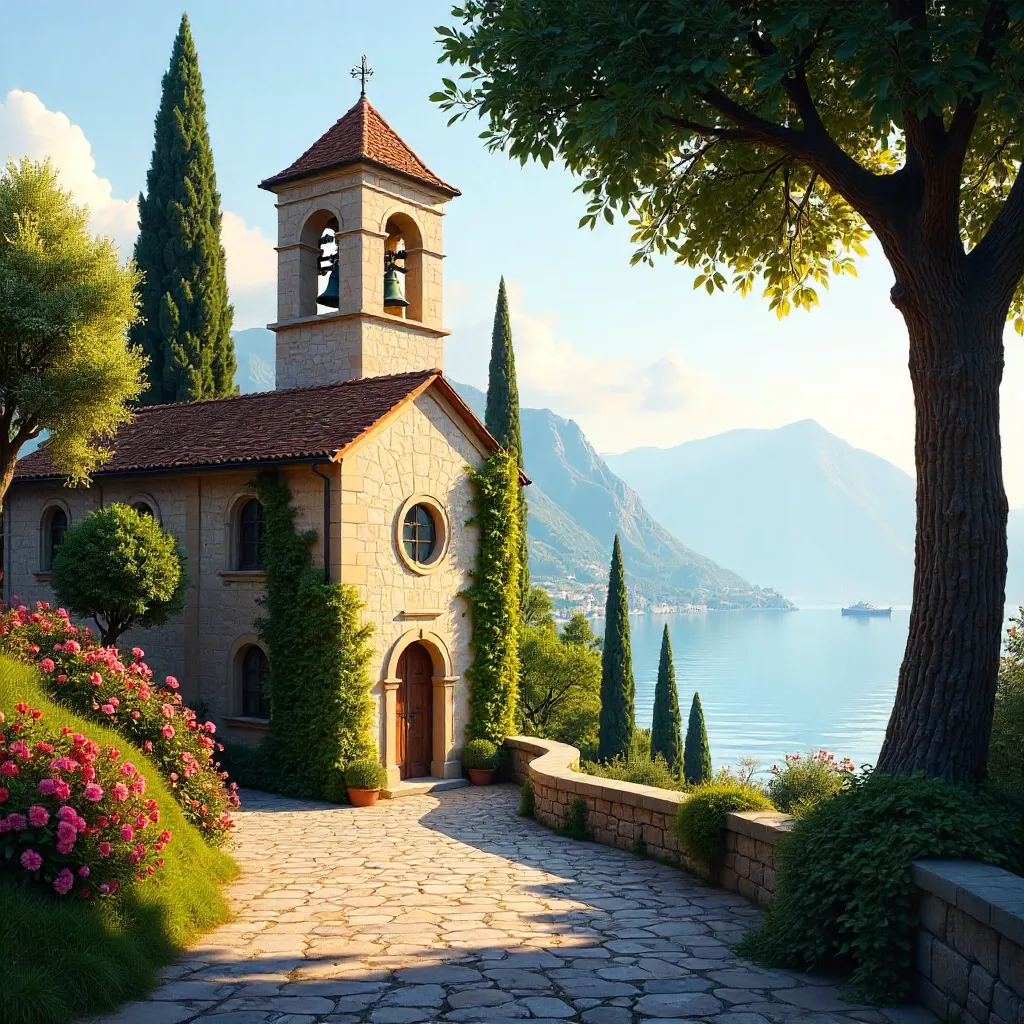Historic Salò Church and Bell Tower Amid Lush Greenery