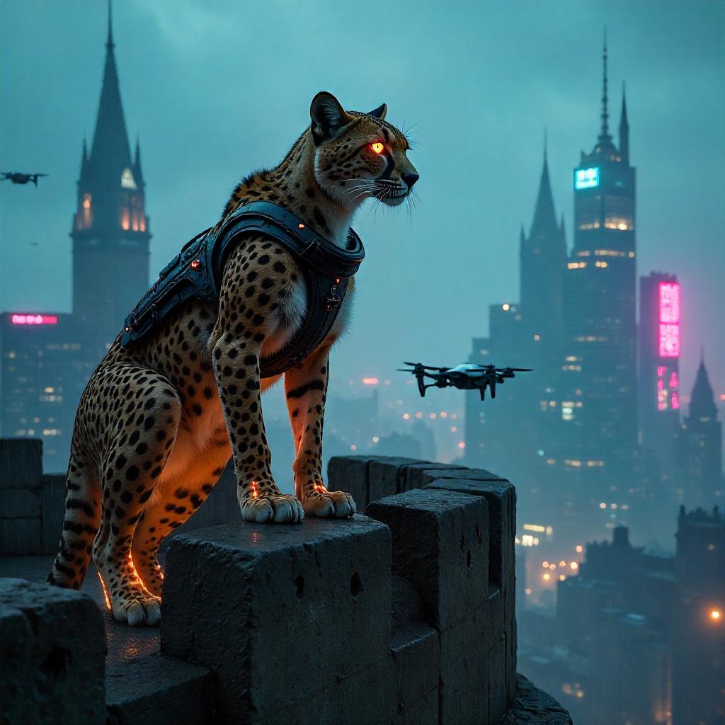 Cheetah Courier on Cyberpunk Castle Battlements