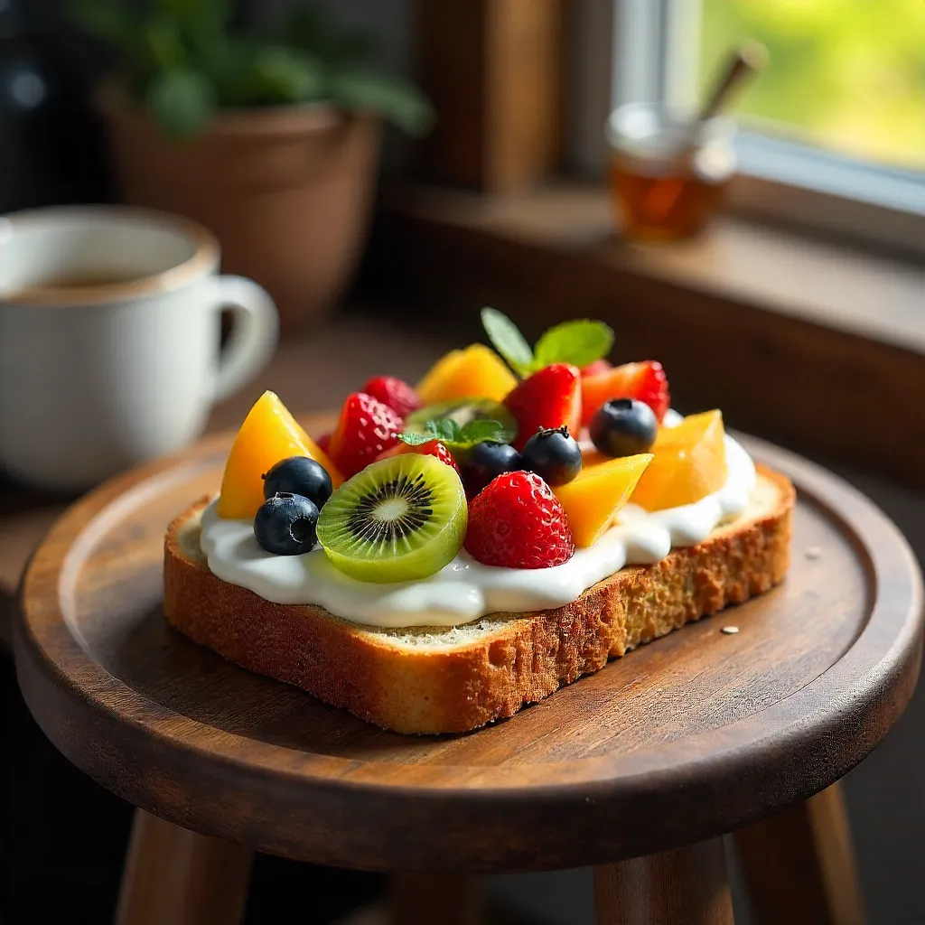 Creamy Fruit Toast on a Rustic Wooden Stool
