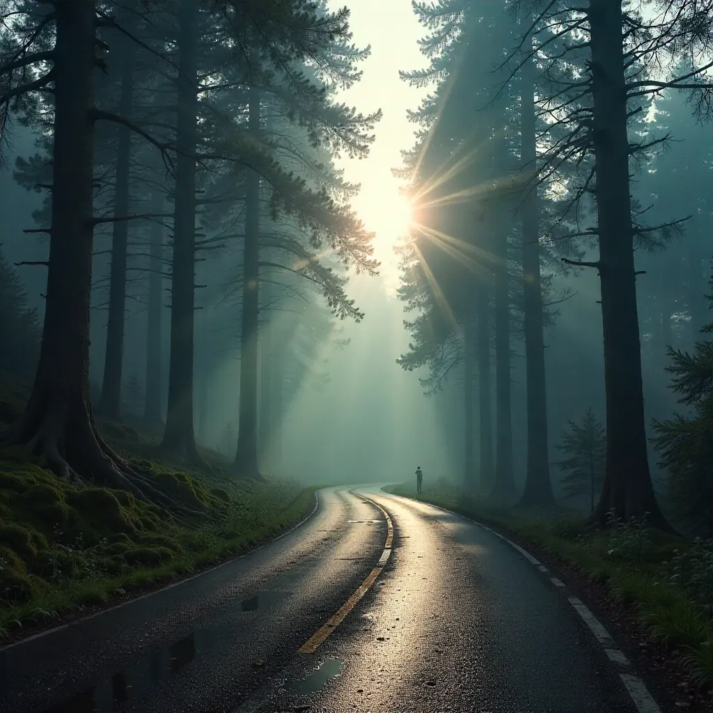 Winding Misty Road through Ocypel Forest, Poland