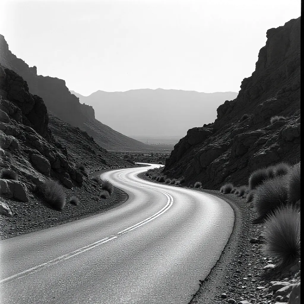 Serene Monochrome: Winding Road through Rocky Terrain