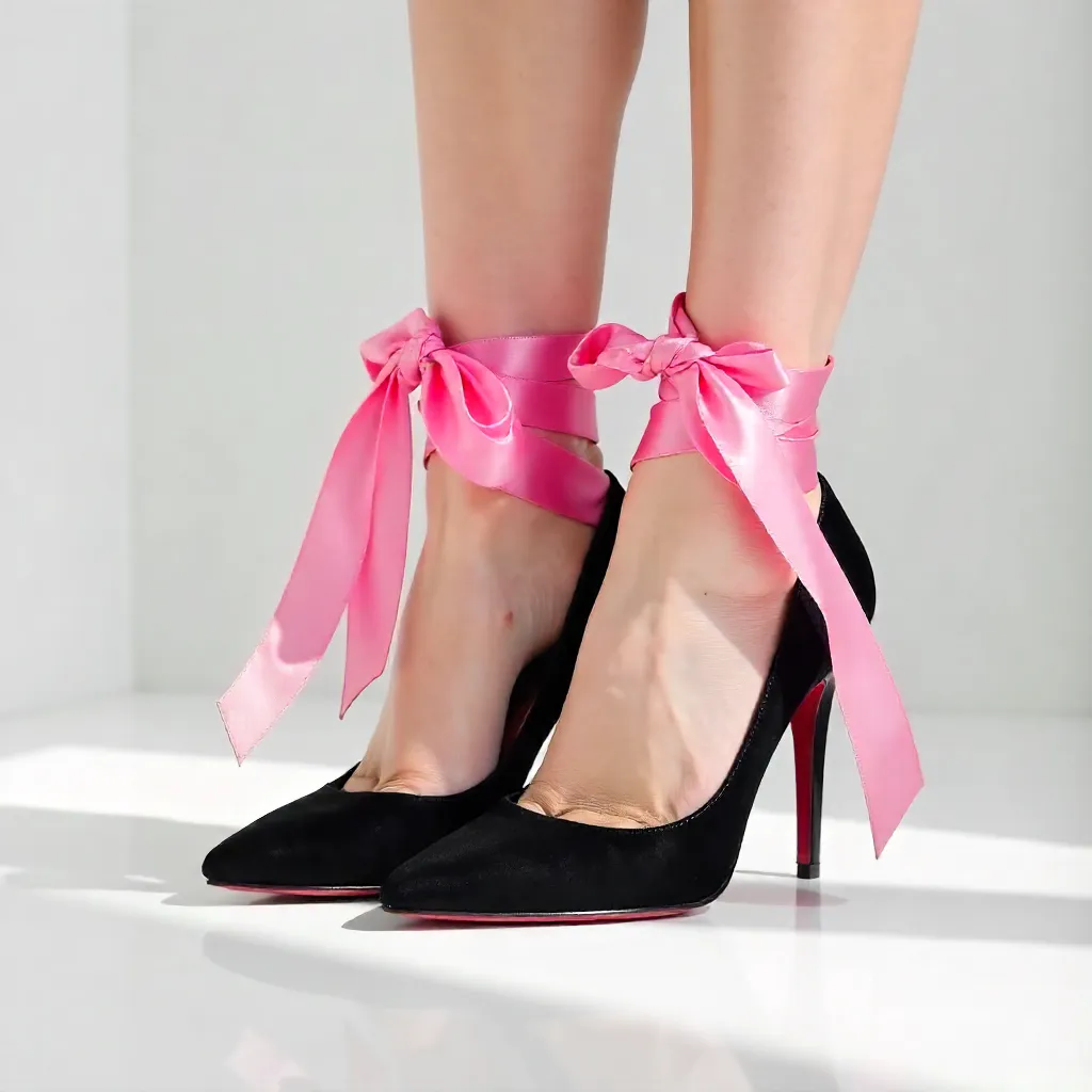 Pink Ribbon Black Pointed Heels in Studio