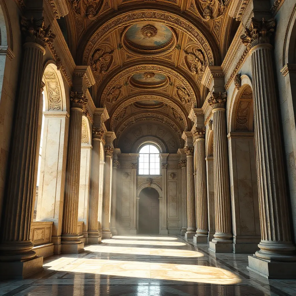 Ornate Ceiling and Stone Columns in Historic Architecture