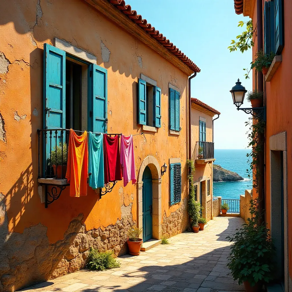 Weathered Mediterranean Facade with Colorful Laundry