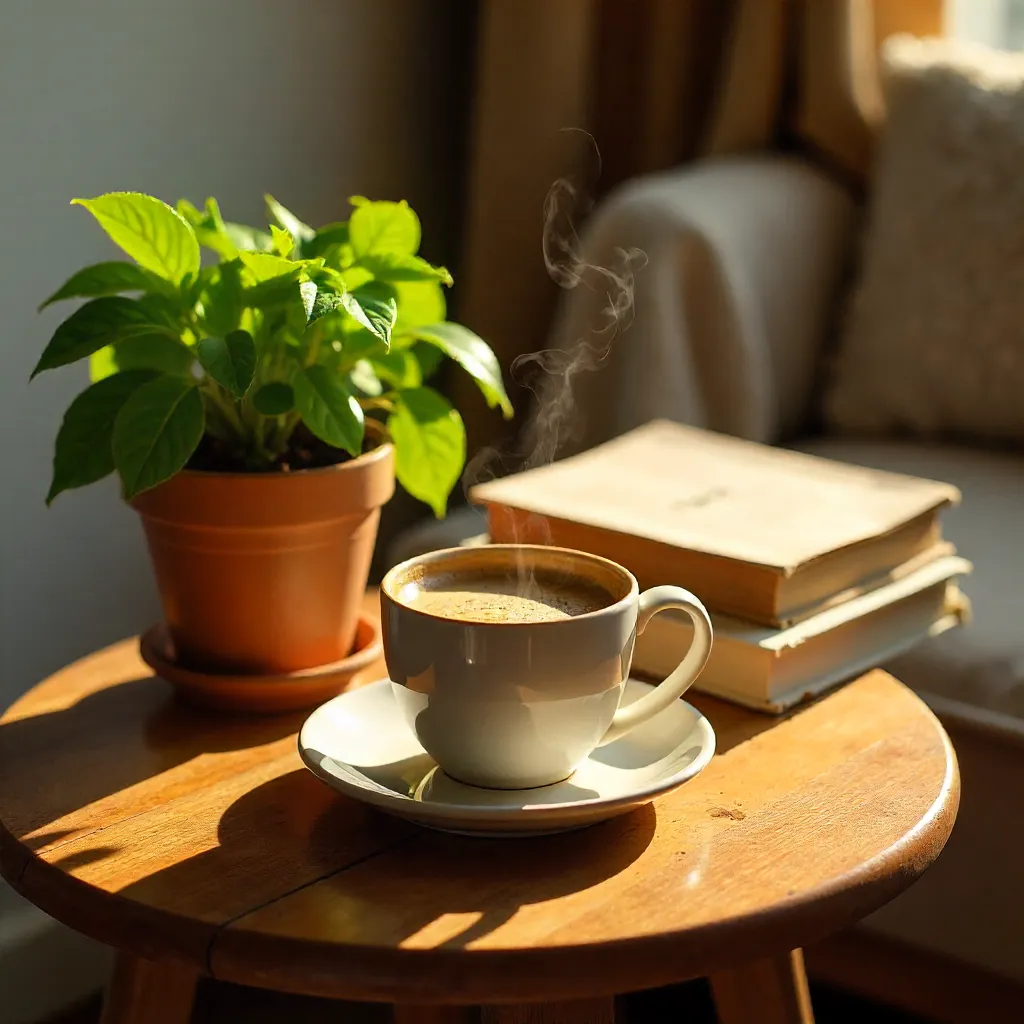 Cozy Tabletop: Warm Coffee, Plant and Books