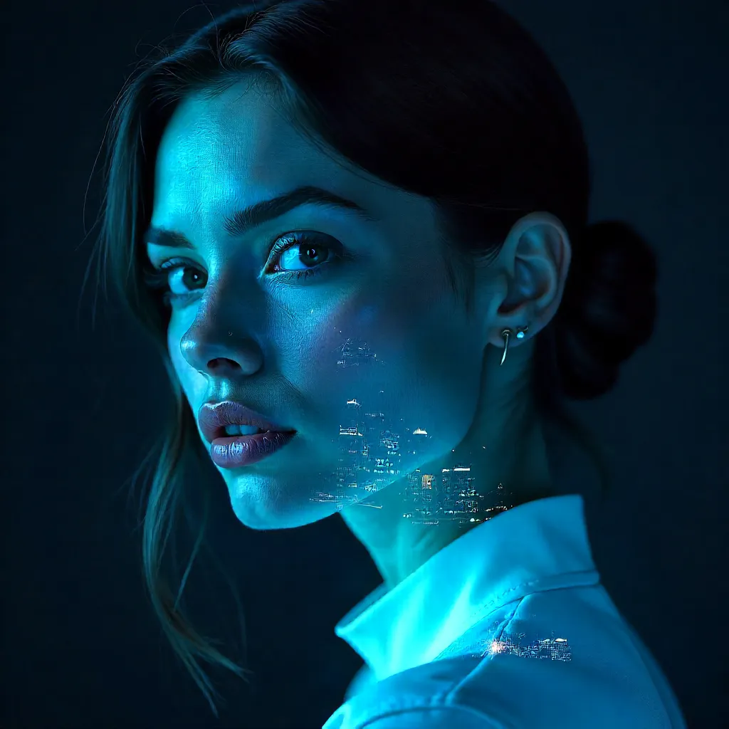 Blue Double-Exposure Portrait with Dramatic Lighting