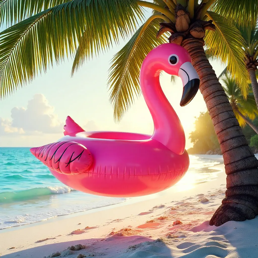 Vibrant Flamingo Inflatable on Quiet Tropical Beach