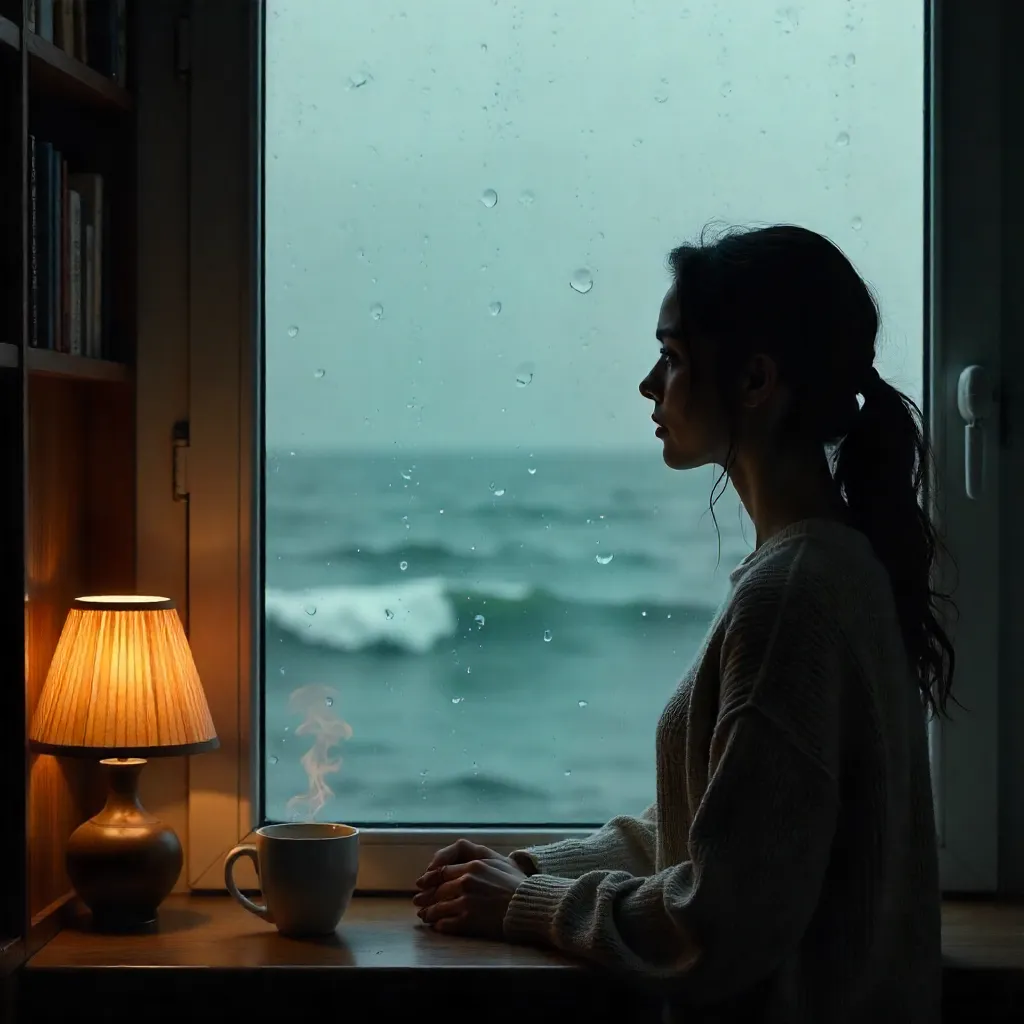 Windowed Contemplation by the Rainy Sea