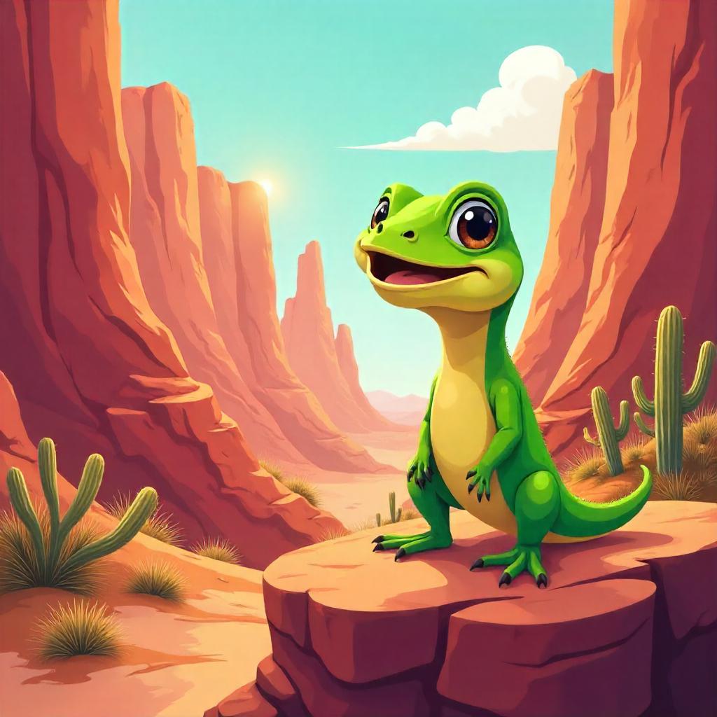 Cheerful Cartoon Lizard in a Colorful Canyon