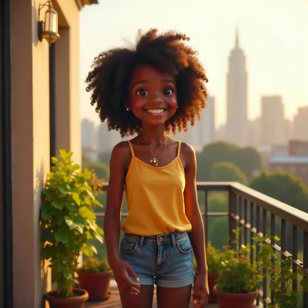 Cheerful Black Girl on a Balcony