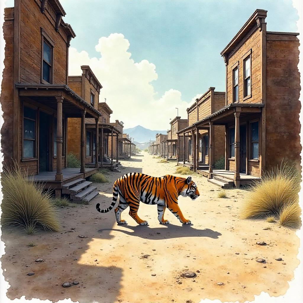 Watercolor Tiger in a Silent Ghost Town
