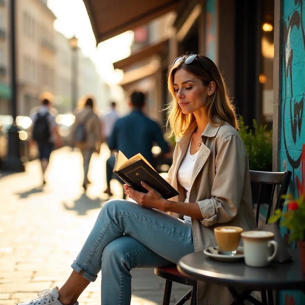 Caucasian Woman Reading Outdoors with Relaxed Urban Vibe
