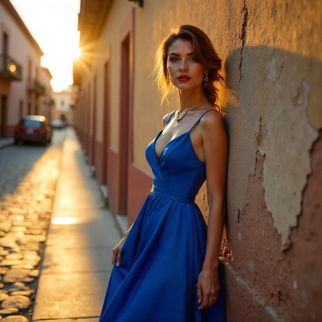 Elegant Blue Dress Against Rustic León Wall