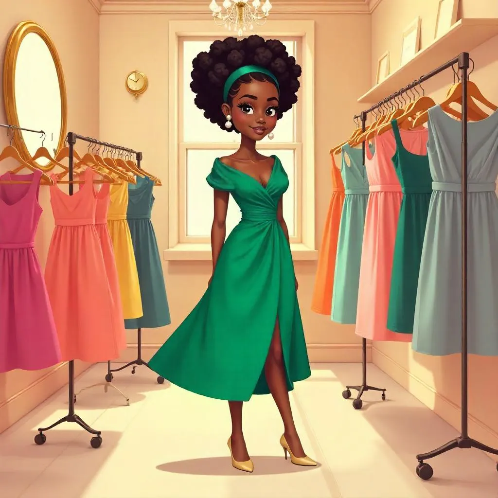 Elegant Black Girl in a Boutique - Cartoon Style