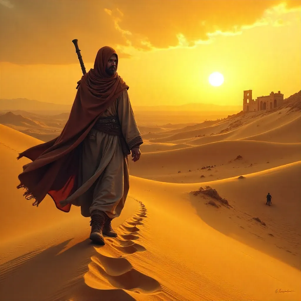 Desert Wanderer Under Ember Skies
