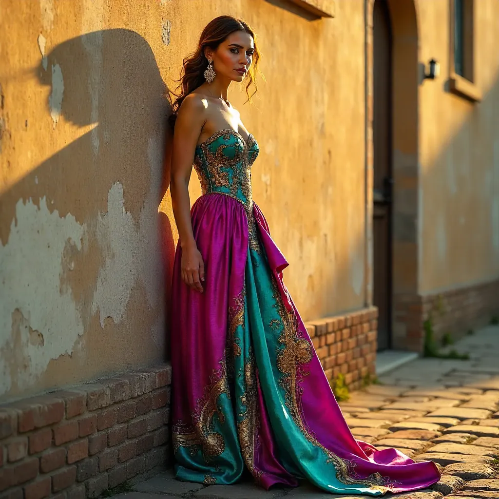 Elegant Woman in Vibrant Attire by Rustic Wall