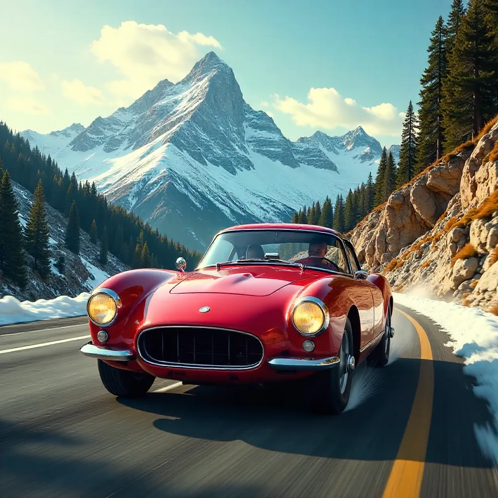 Blazing Alpine Road in a Vintage Sports Car