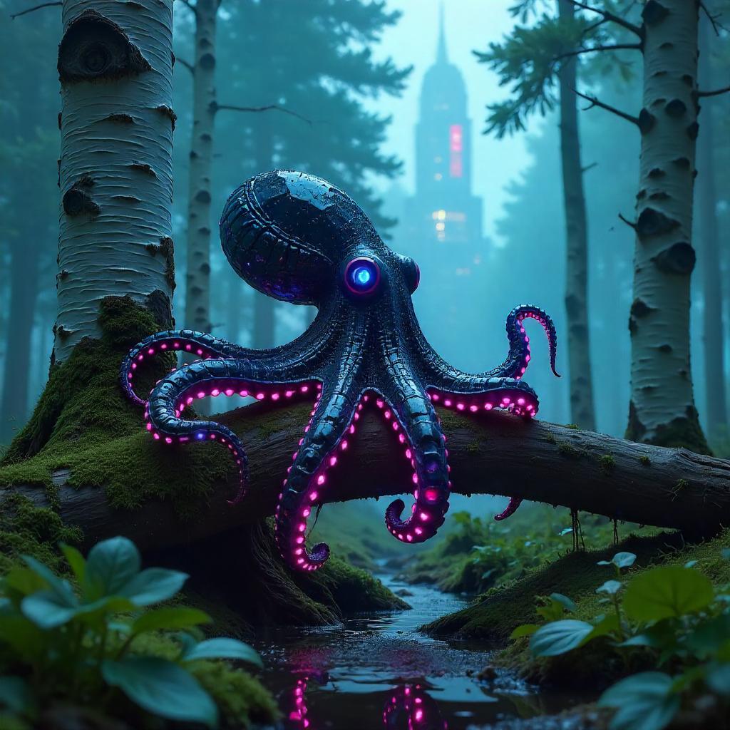 Cyberpunk Octopus Amid Birch Forest